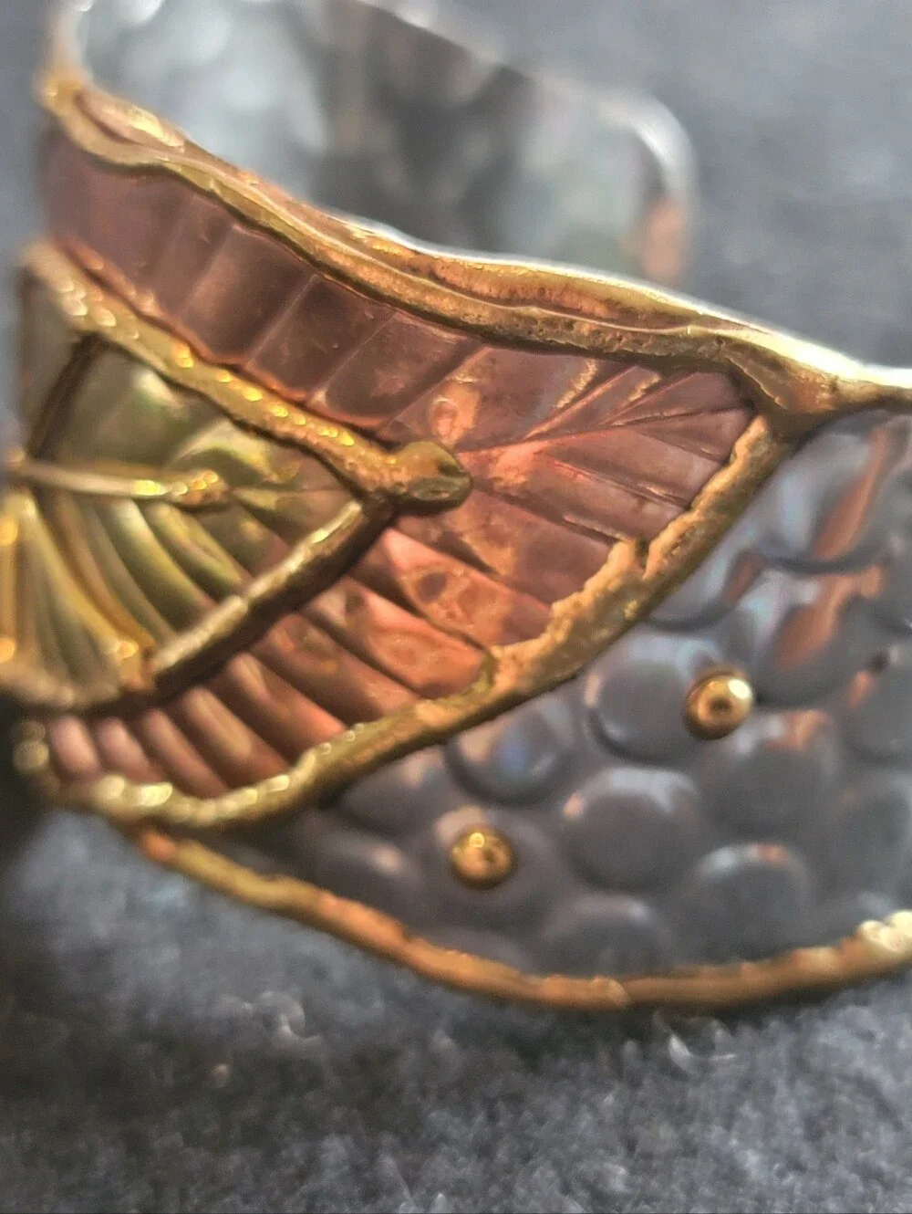 Artisan Leaf Motif Mixed Metal Cuff Bracelet - Gold Silver & Copper Tones - Adj